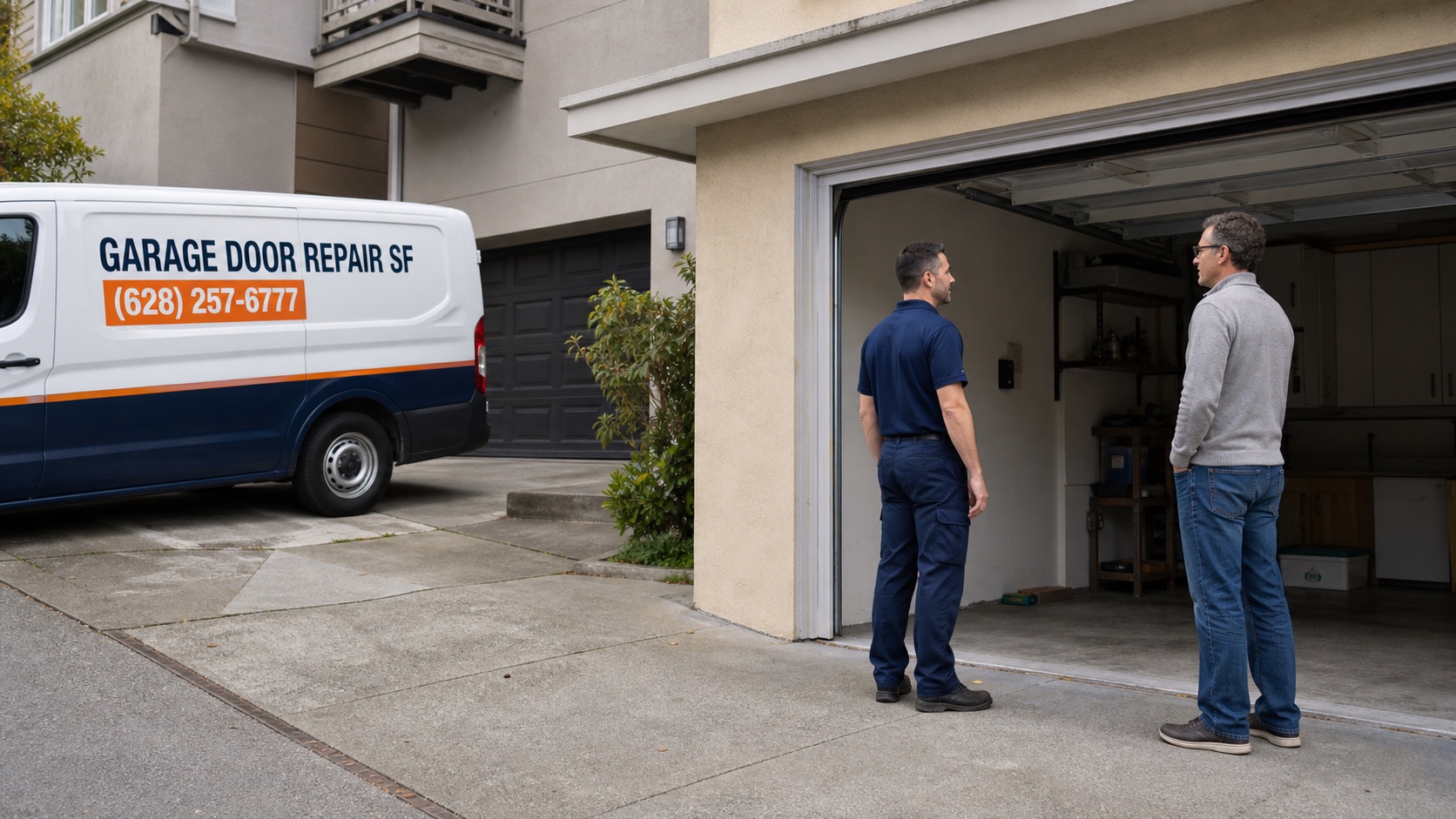 Uniformed garage door technician arriving at a San Francisco home