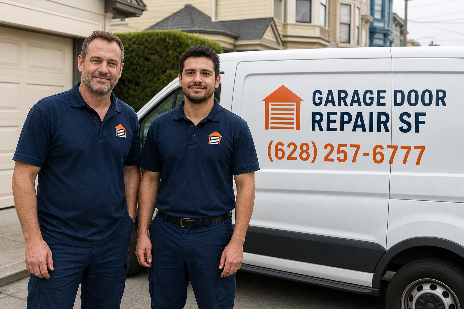 Garage Door Repair SF technicians beside their branded service van